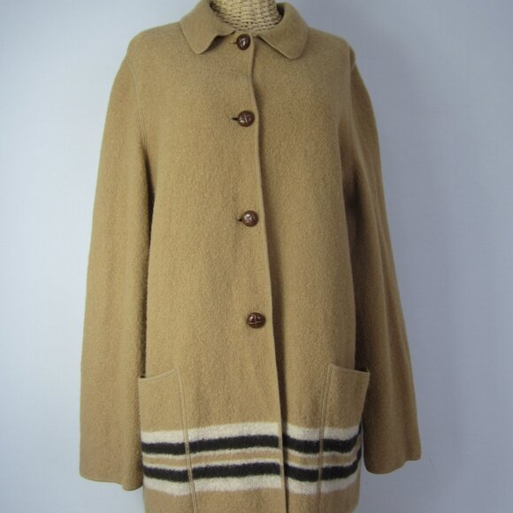 Vtg Lands End Women Plus 16 Beige Brown Ivory Boiled Wool Coat Jacket Pockets - Picture 7 of 12